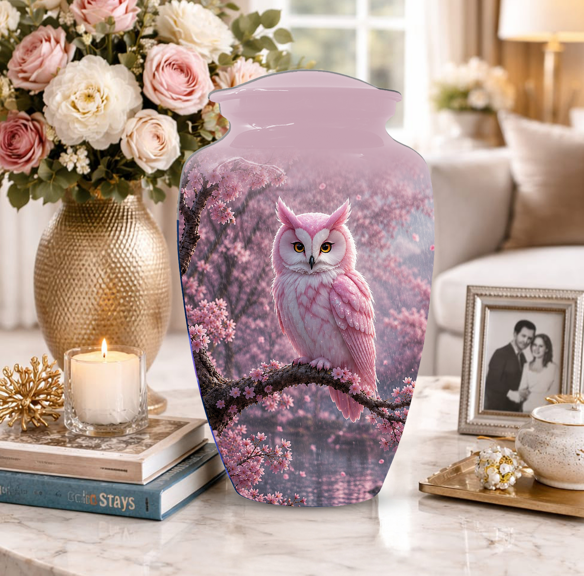 Pink Owl Cremation Urn for Mom, Cherry Blossom Memorial Urns for Ashes