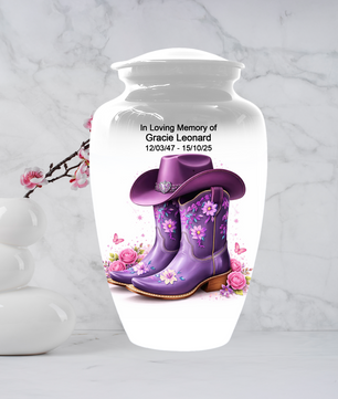 Personalized Cowgirl Cremation Urn for Mom | Purple Cowboy Boots Memorial Urn for Human Ashes