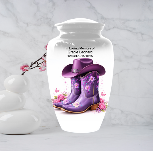 Personalized Cowgirl Cremation Urn for Mom | Purple Cowboy Boots Memorial Urn for Human Ashes