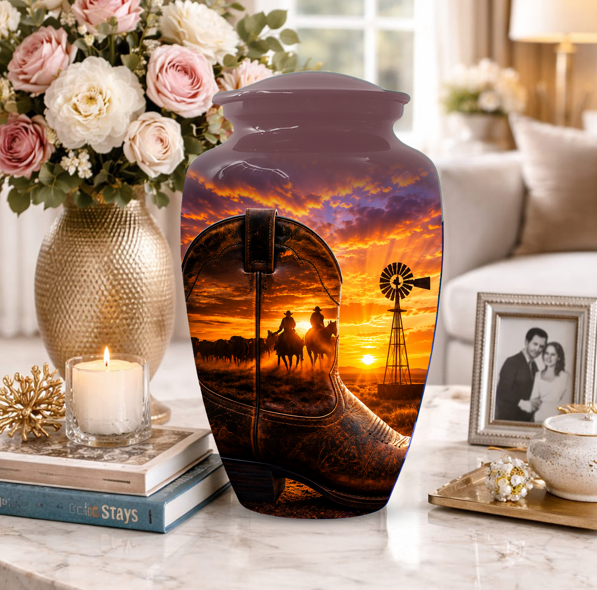 Cowboy Cremation Urn for Dad, Western Boot Memorial keepsake Urns for Ashes