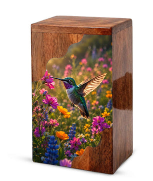 Green Hummingbird Wooden Cremation Urn – Wildflower Memorial Wooden Urn for Human Ashes