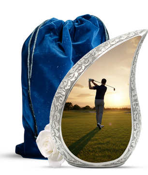 Golf Personalized Cremation Urn for Dad – Teardrop Style Aluminum Memorial Urn, 10 Inch