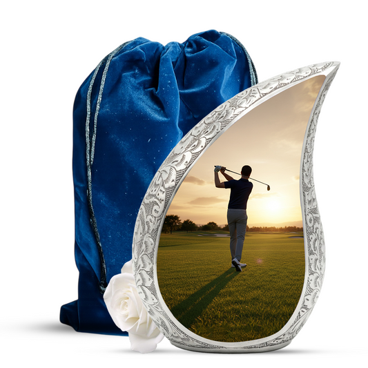 Golf Personalized Cremation Urn for Dad – Teardrop Style Aluminum Memorial Urn, 10 Inch