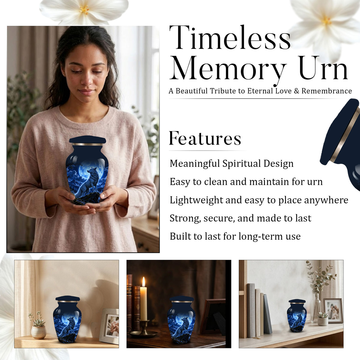 Personalized Adult Cremation Urn for Ashes, Custom Blue Wolf Moon Memorial Urn, Wildlife Cremation Urn