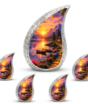 Sunset Lake Cremation Urn for Adult Ashes, Mountain Landscape Memorial Urn