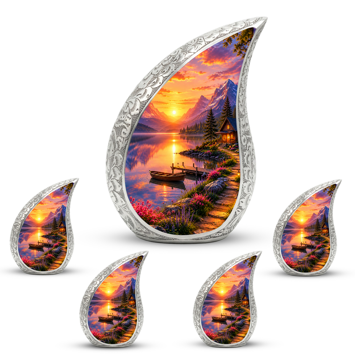 Sunset Lake Cremation Urn for Adult Ashes, Mountain Landscape Memorial Urn