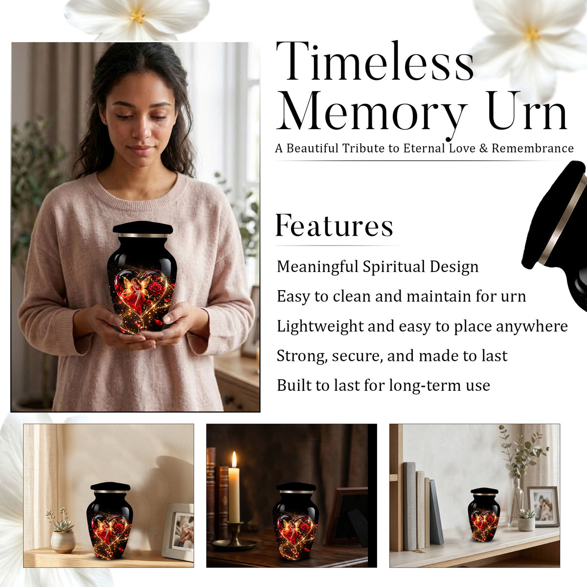 Red Rose Fairy Heart Cremation Urn for Adult Ashes, Personalized Memorial Urn with Romantic Heart Design