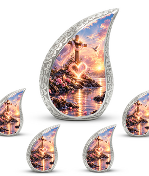 Christian Cross Cremation Urn for Adult Ashes, Sunset Memorial Urn with Dove and Glowing Heart, Religious Urn for Mom or Dad