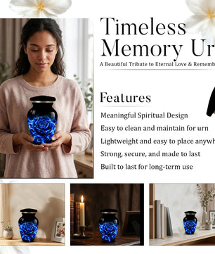 Blue Rose Cremation Urn for Ashes | Personalized Memorial Urn for Human Ashes | Handmade Aluminum Adult Urn