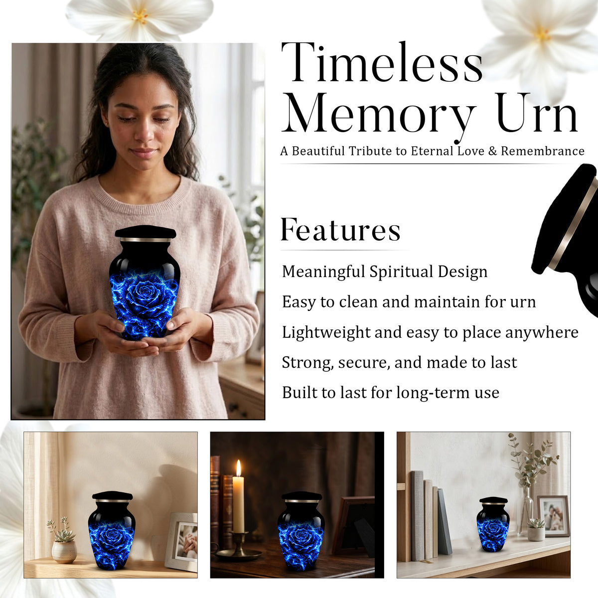 Blue Rose Cremation Urn for Ashes | Personalized Memorial Urn for Human Ashes | Handmade Aluminum Adult Urn