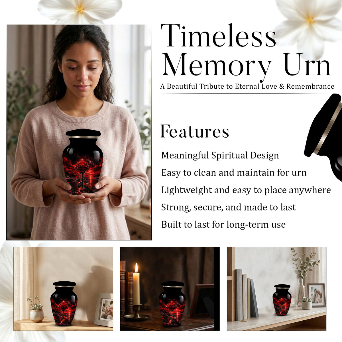 Red Rose Cremation Urn – Romantic Memorial Adult Urn for Ashes with Sunset Design