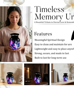 Cosmic Border Collie Cremation Urn for Adult Ashes, Black and White Dog Memorial Urn with Glowing Blue Pink Galaxy and Celestial Stars Artwork