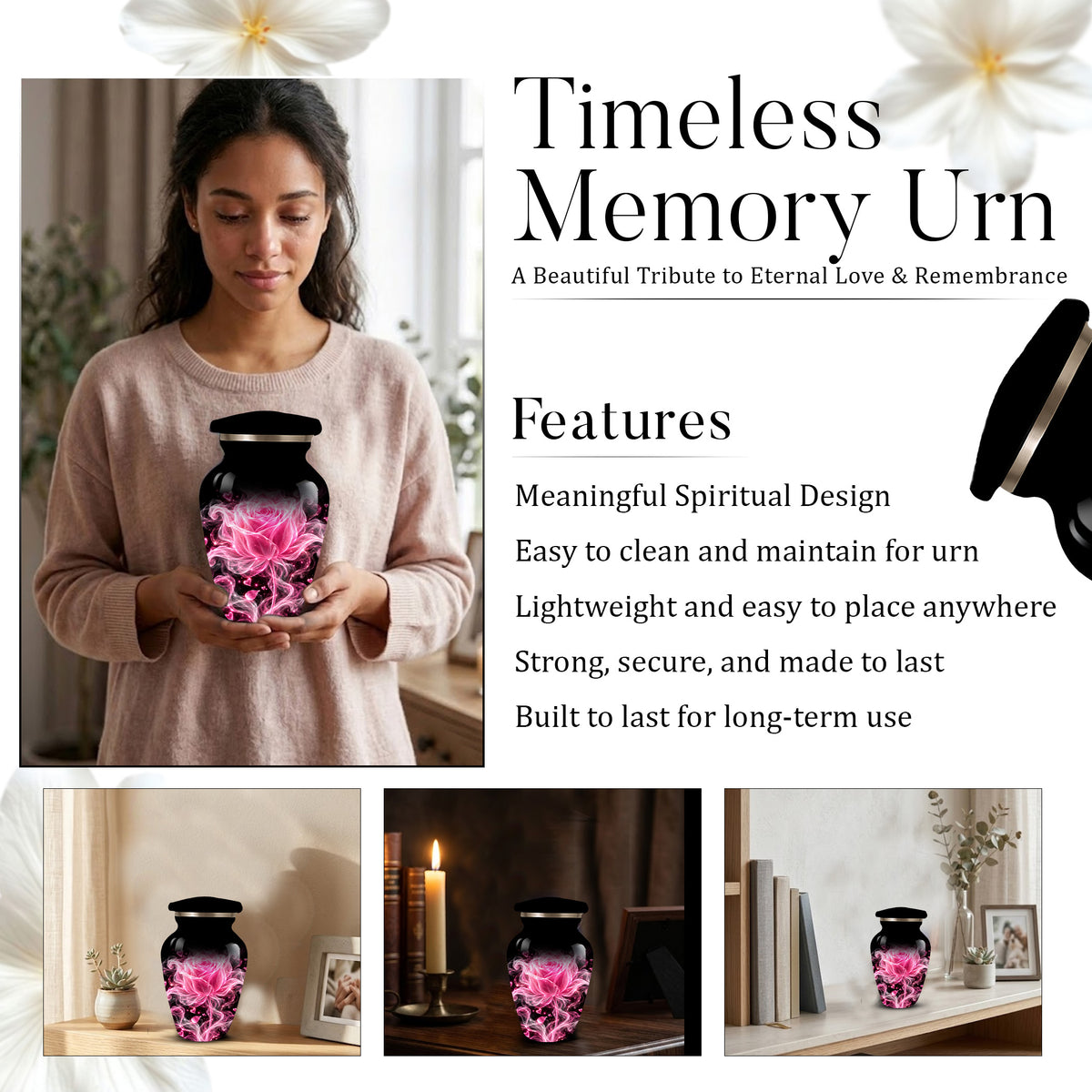 Pink Rose Cremation Urn for Ashes | Personalized Floral Memorial Urn | Handmade Adult Urn for Human Ashes