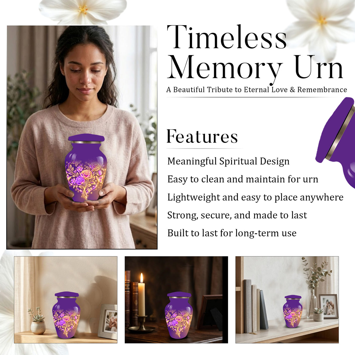 Purple Rose & Butterfly Cremation Urn for Ashes | Personalized Floral Memorial Urn | Handmade Adult Urn for Human Ashes