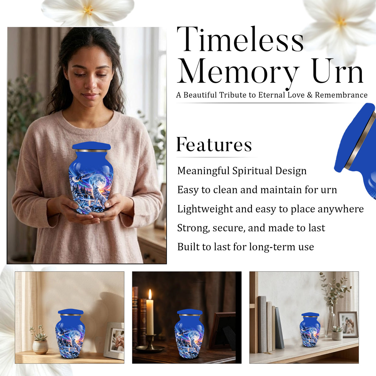 Personalized Adult Cremation Urn for Ashes, Custom Wolf and Eagle Memorial Urn, Blue Moonlight Fantasy Wildlife Design