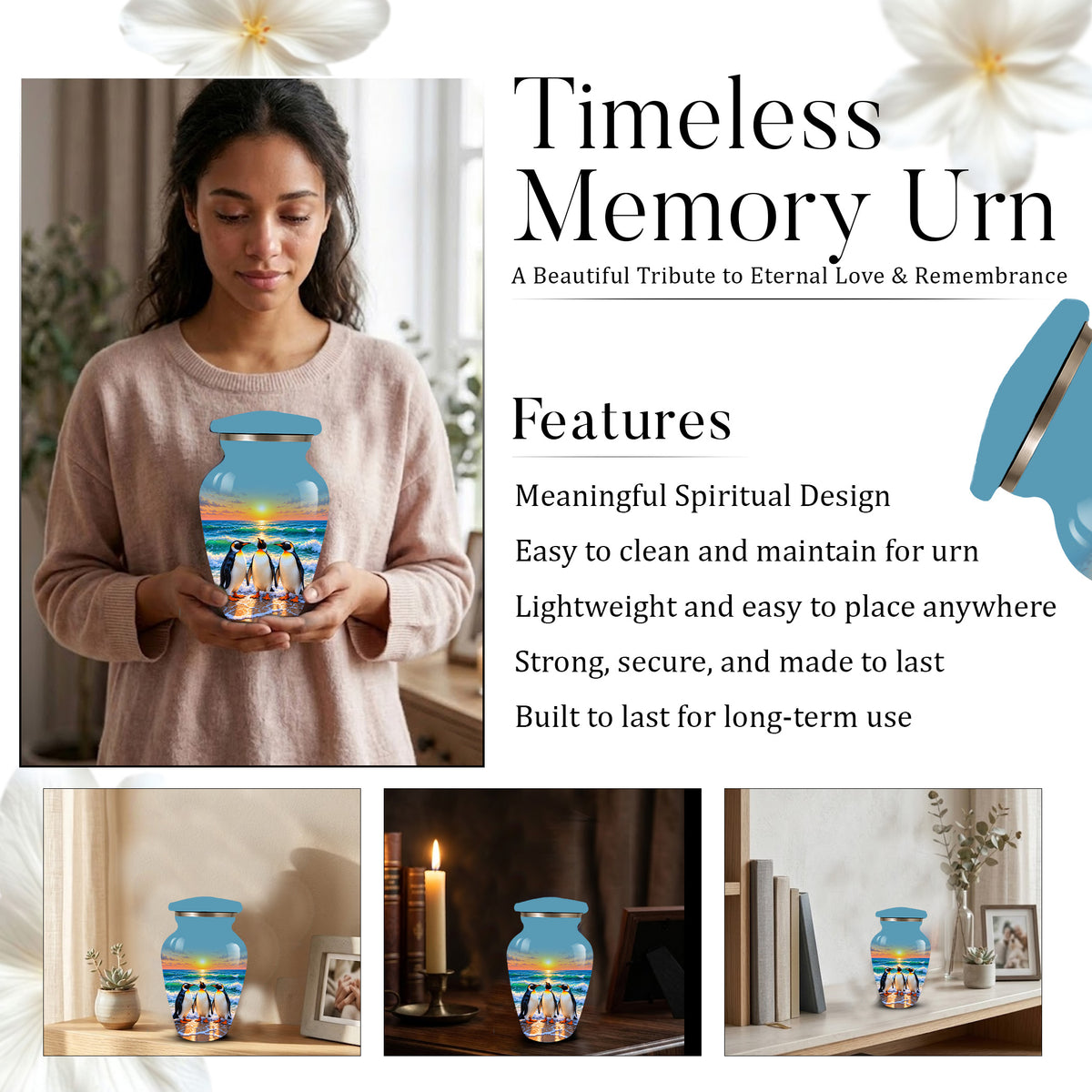 , Penguin Beach Sunset Memorial Urn, Ocean-Themed Urn for Human Ashes
