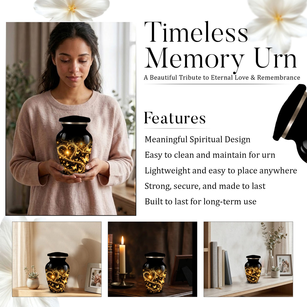 Personalized Adult Cremation Urn for Ashes, Golden Butterfly Heart Memorial Urn, Custom Adult Urn