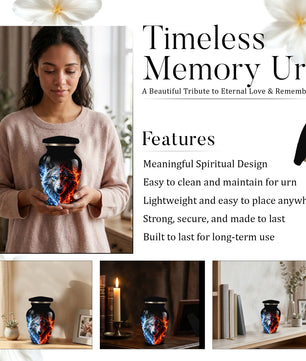 Personalized Adult Cremation Urn for Ashes, Custom Wolf Memorial Urn, Blue and Fire Red Dual Wolf Artwork