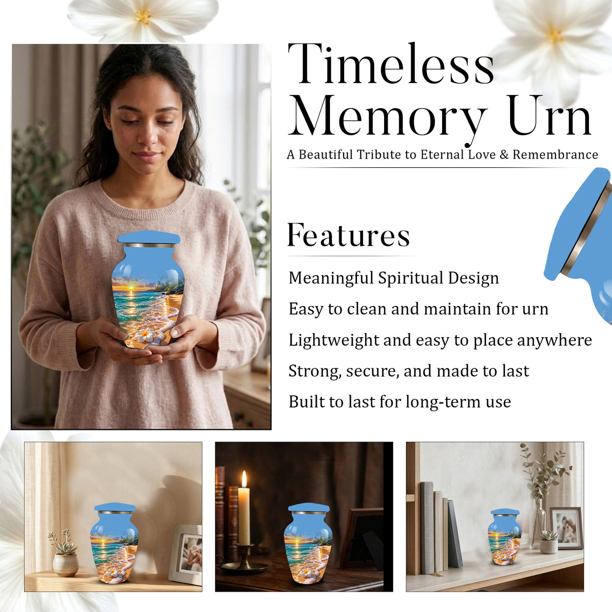 Tropical Beach Sunset Memorial Urn, Plumeria Flower Urn for Human Ashes
