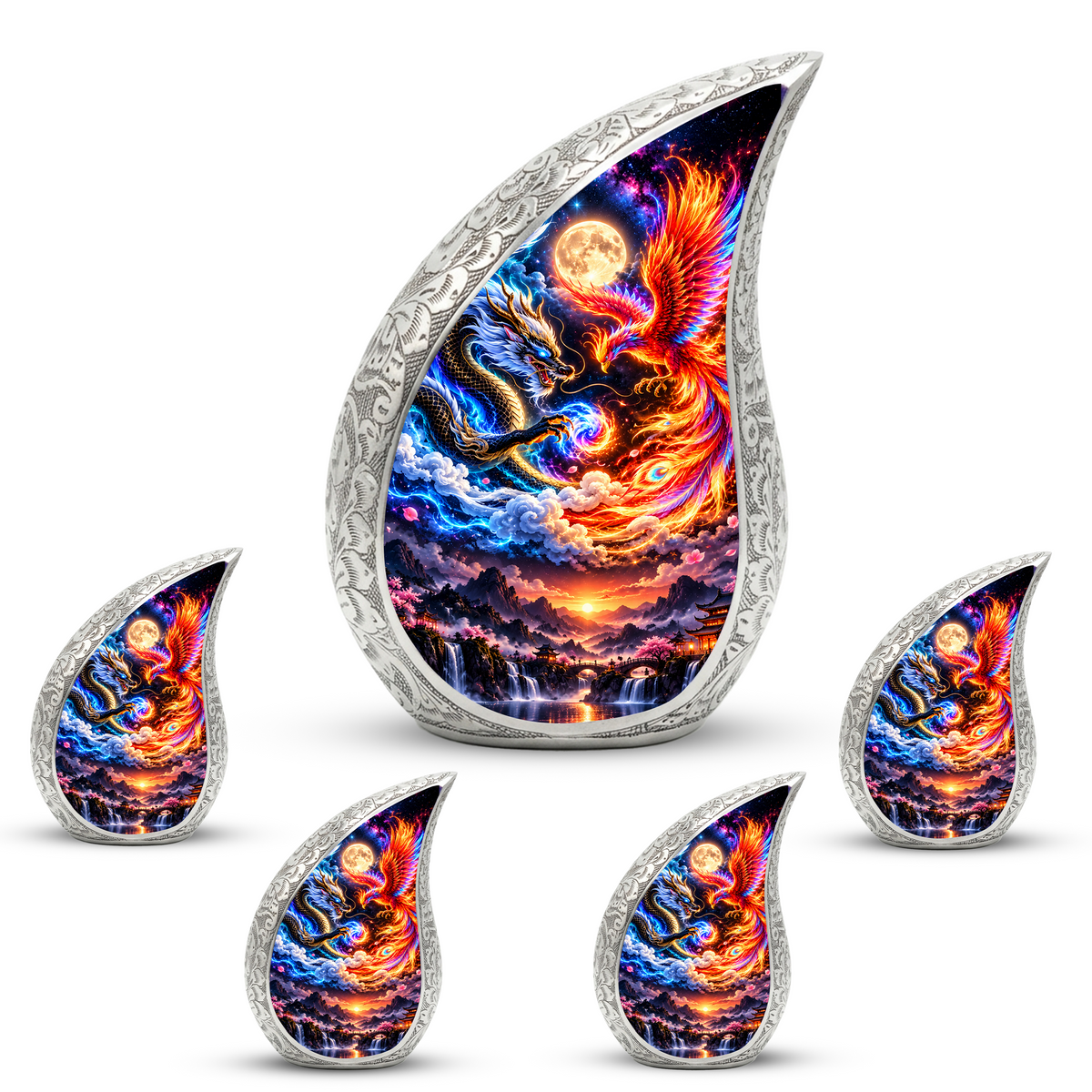 Dragon and Phoenix Cremation Urn for Ashes, Mythical Bird Adult Memorial Urn