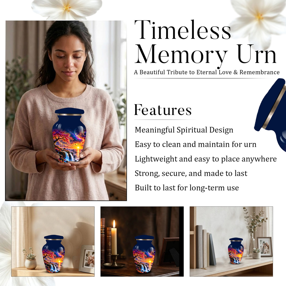 Personalized Adult Cremation Urn for Ashes, Custom Memorial Urn, Fantasy Sunset Waterfall and Cherry Blossom Design