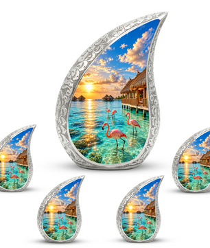 Flamingo Cremation Urn for Ashes, Tropical Beach Sunset Adult Memorial Urn