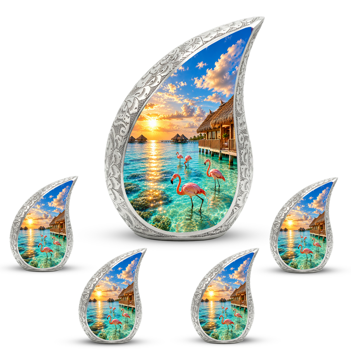 Flamingo Cremation Urn for Ashes, Tropical Beach Sunset Adult Memorial Urn