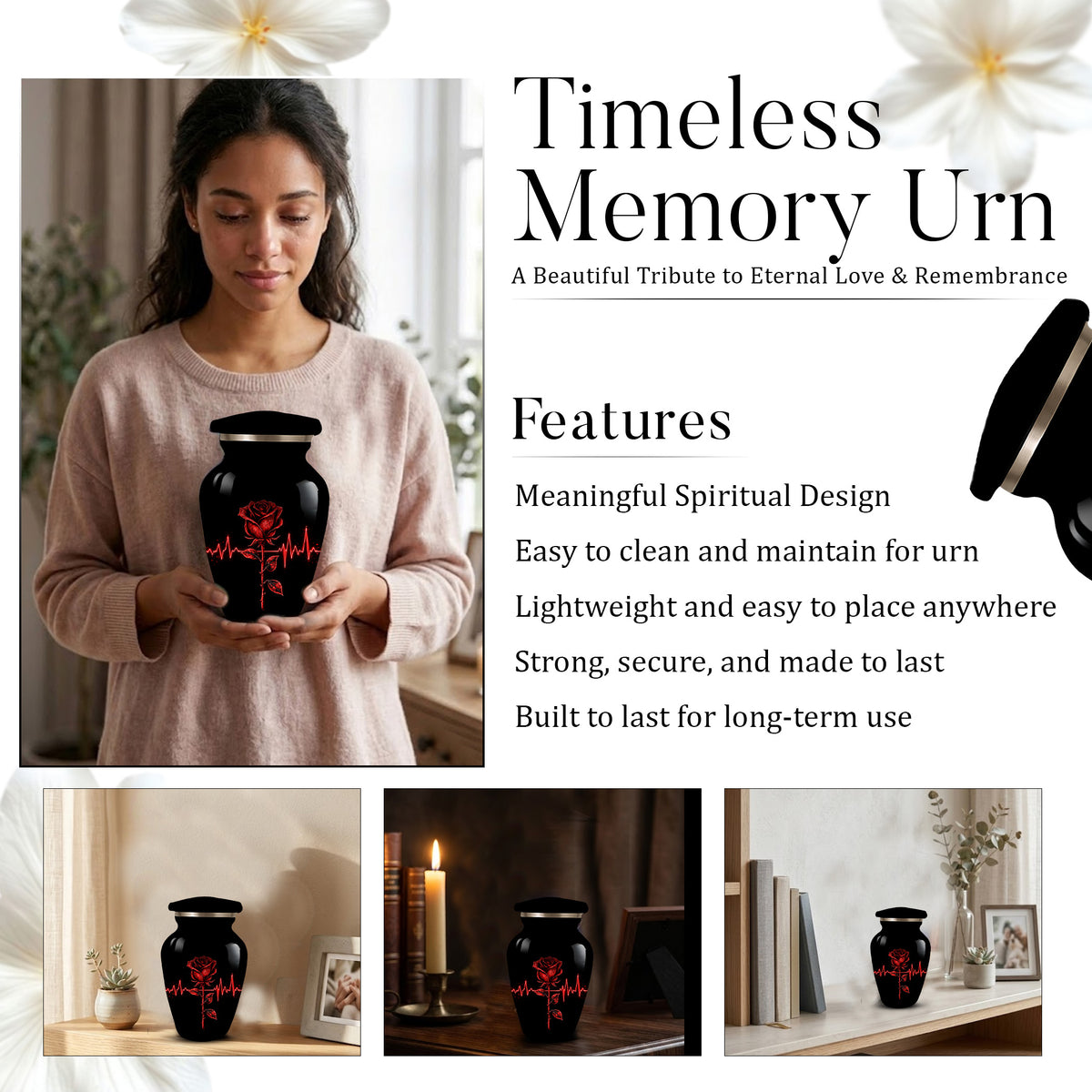 Red Rose Heartbeat Adult Urn for Ashes – Black Adult Cremation Urn, Memorial Urn for Adult Ashes