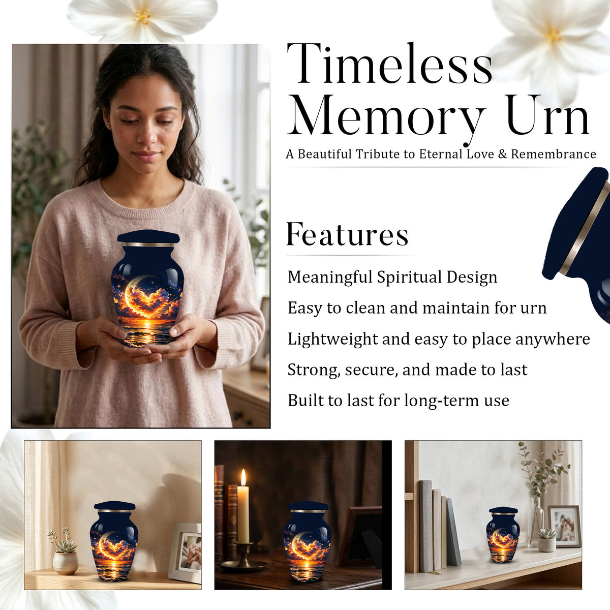 Personalized Adult Cremation Urn for Ashes, Golden Crescent Moon Ocean Memorial Urn, Custom Urn