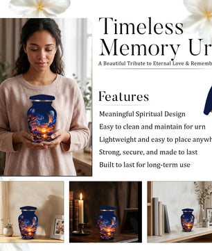 Celestial Moon Cremation Urn for Adult Ashes,  Glowing Crescent Moon, Sunset Mountains and Starry Lake Artwork