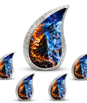 Wolf Warrior Urn for Human Ashes, Adult Cremation Urn with Blue and Fiery Wolf Artwork