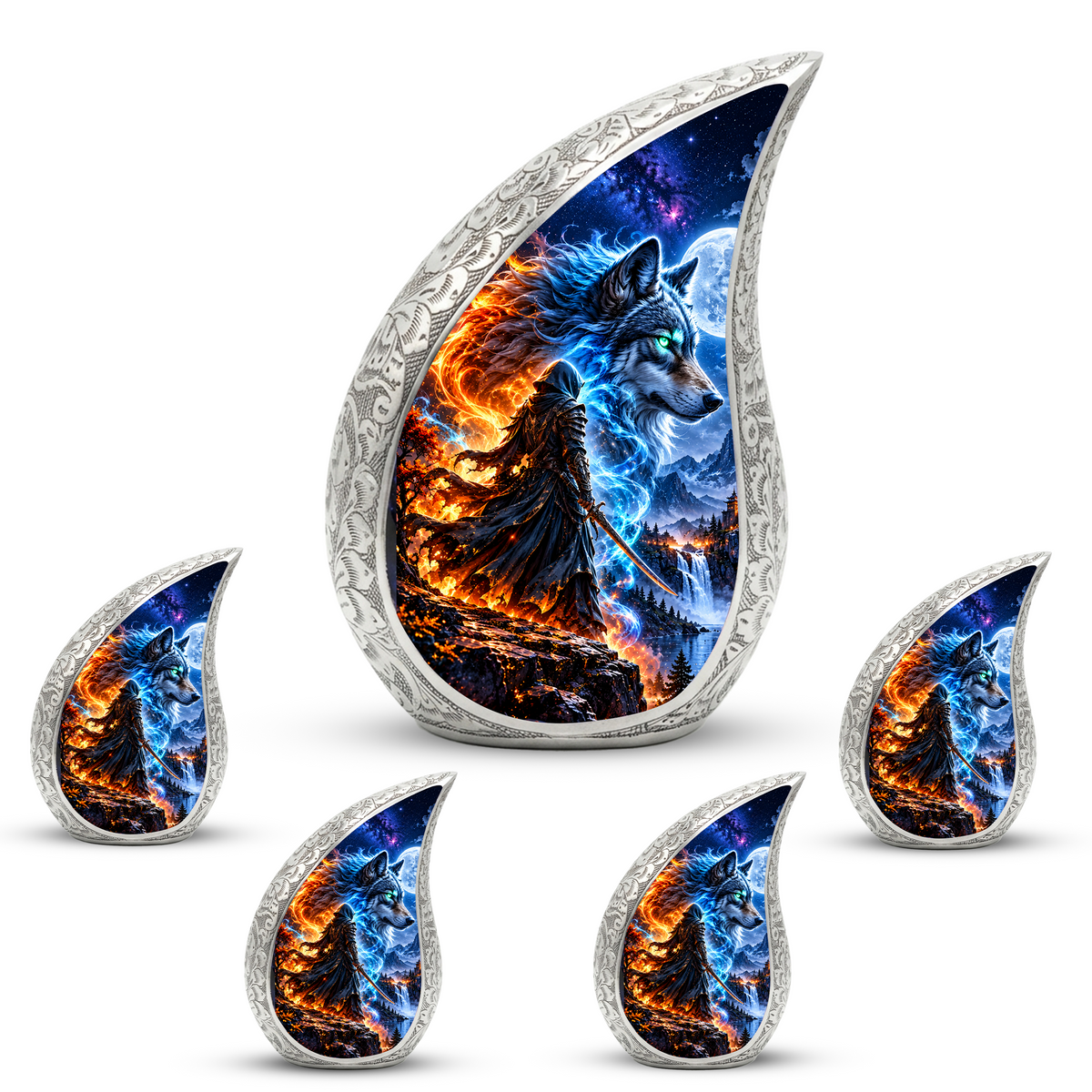 Wolf Warrior Urn for Human Ashes, Adult Cremation Urn with Blue and Fiery Wolf Artwork