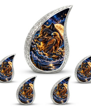 Wolf and Eagle Cremation Urn for Ashes, Wildlife Adult Memorial Urn, Celestial Animal Design