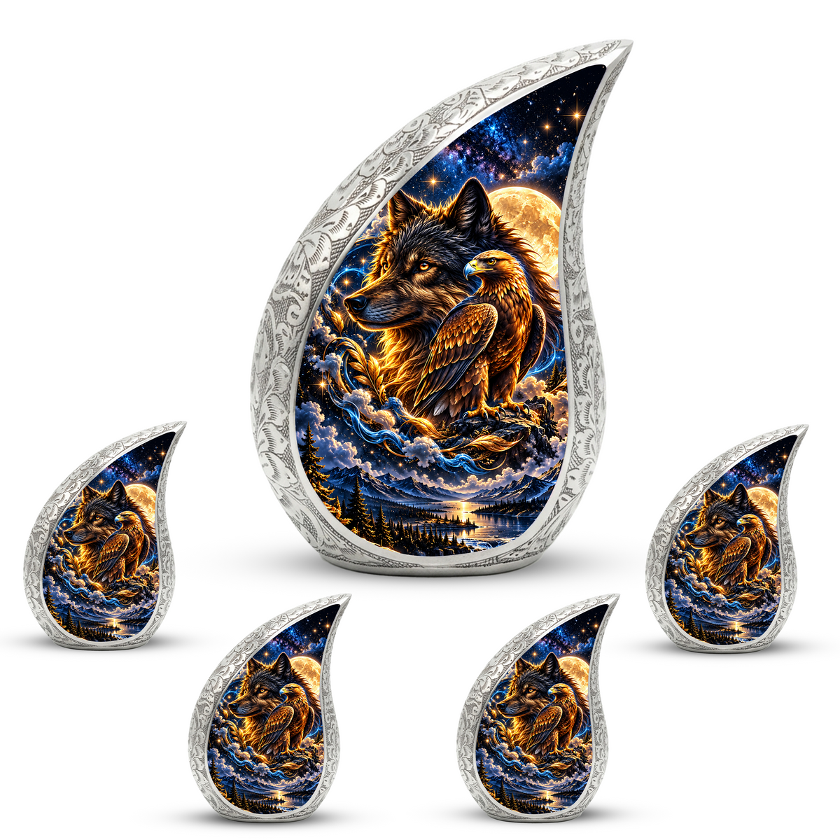 Wolf and Eagle Cremation Urn for Ashes, Wildlife Adult Memorial Urn, Celestial Animal Design