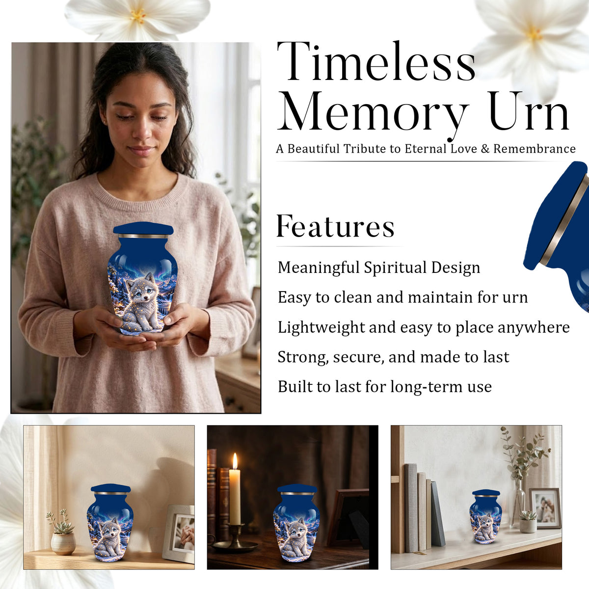 Celestial White Wolf Cremation Urn for Adult Ashes – Magical Winter Memorial Urn