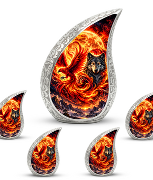 Wolf and Phoenix Urn for Human Ashes, Adult Cremation Urn with Fiery Phoenix and Black Wolf