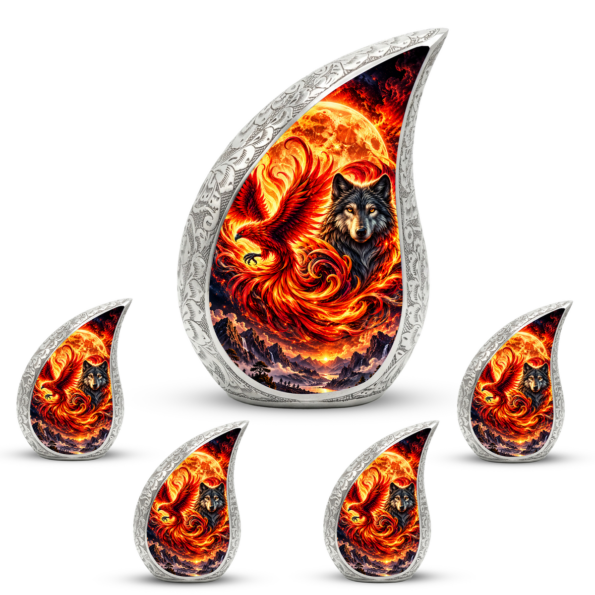 Wolf and Phoenix Urn for Human Ashes, Adult Cremation Urn with Fiery Phoenix and Black Wolf