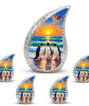 Penguin Cremation Urn for Ashes, Beach Sunset Memorial Urn, Adult Aluminum Cremation Urn