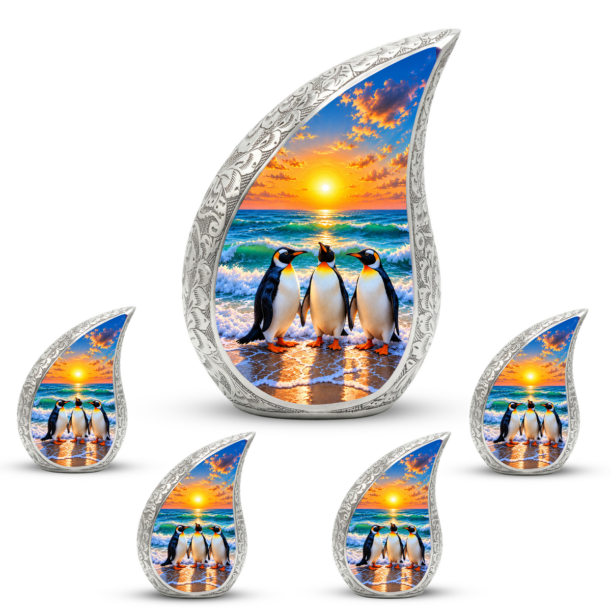Penguin Cremation Urn for Ashes, Beach Sunset Memorial Urn, Adult Aluminum Cremation Urn