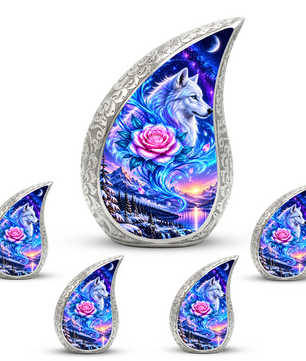 Wolf Adult Cremation Urn for Human Ashes, White Wolf and Pink Rose Memorial Urn
