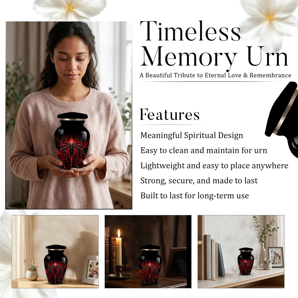 Black Spider Cremation Urn with Red Gothic Design – Adult Urn for Ashes