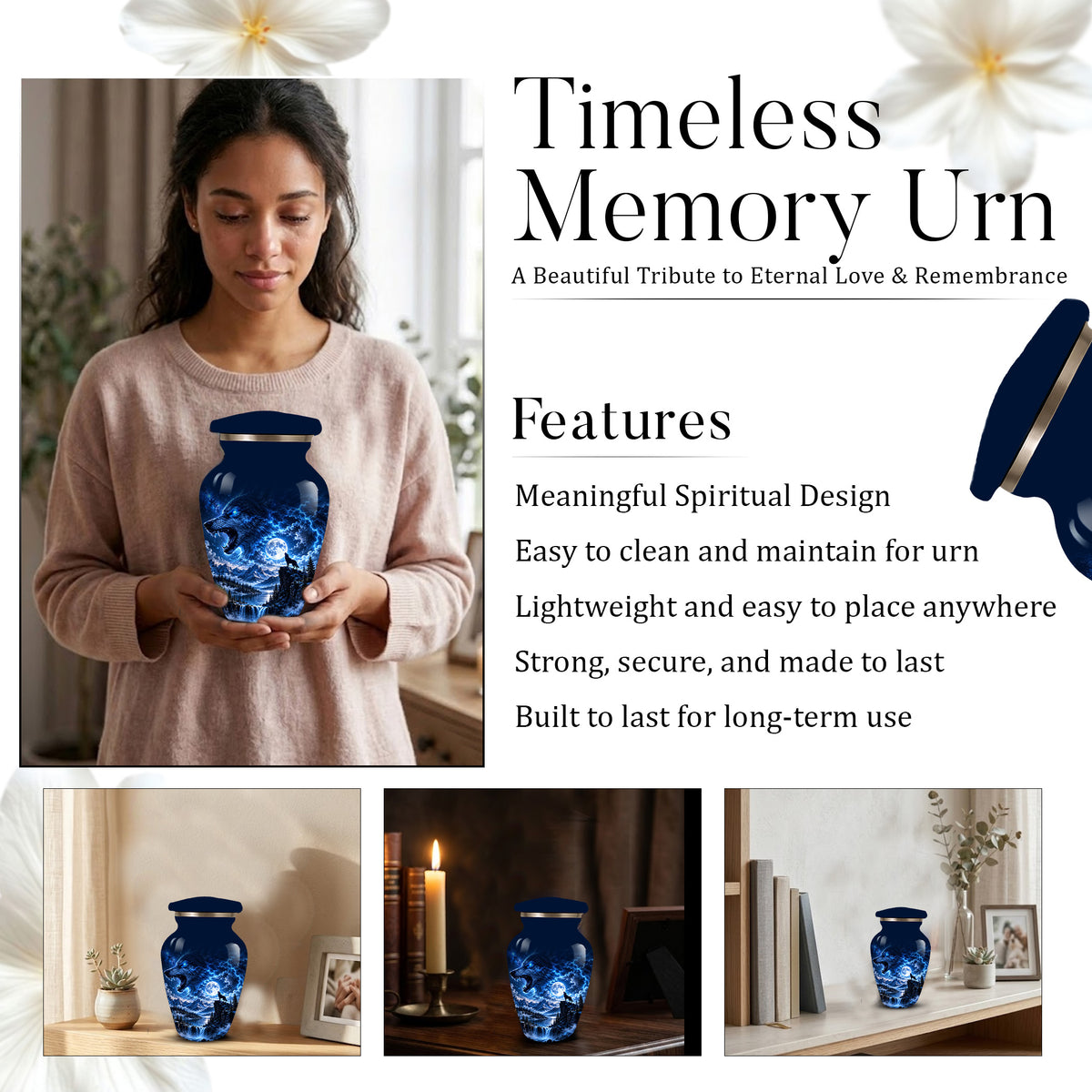Personalized Adult Cremation Urn for Ashes, Blue Lightning Wolf Memorial Urn, Custom Wolf Howling at Moon Urn