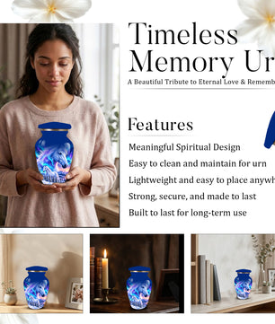 White Horse Cremation Urn for Adult Ashes, Blue Memorial Urn with Snowy Mountain and Northern Lights Artwork