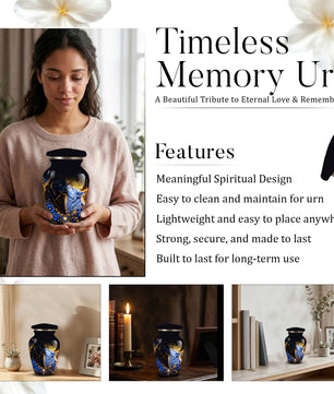 Personalized Wolf Cremation Urn for Ashes, Black and White Wolf Memorial Urn, Blue Floral Adult Urn, Custom Adult Urn