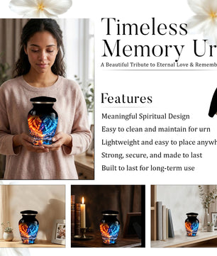 Personalized Adult Cremation Urn for Ashes, Fire and Ice Twin Lion Memorial Urn