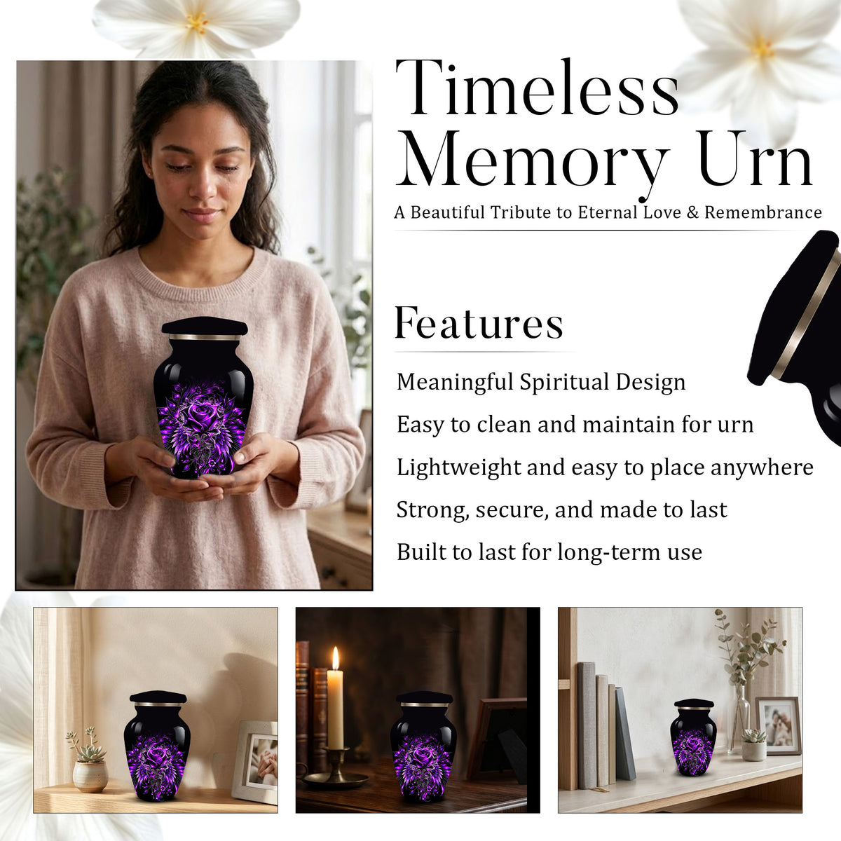 Purple Rose Adult Urn for Ashes – Gothic Floral Design Black Cremation Urn for Adults