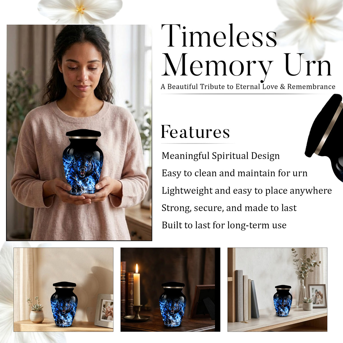 Black Panther Cremation Urn for Ashes, Blue Lightning Big Cat Urn for Human Ashes