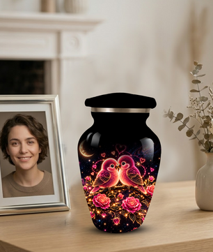 Love Birds Cremation Urn for Adult Ashes, Romantic Pink Birds and Roses Memorial Urn