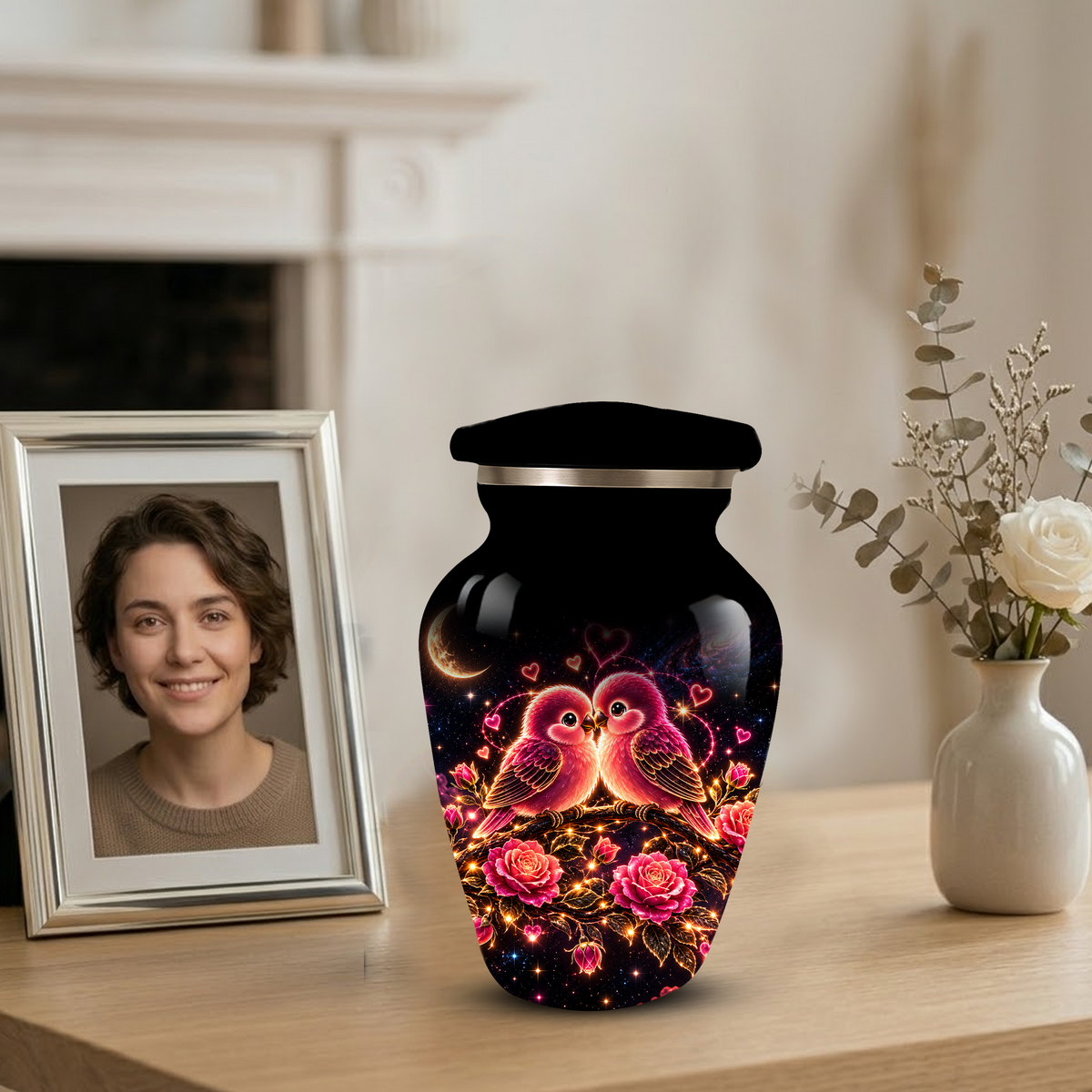 Love Birds Cremation Urn for Adult Ashes, Romantic Pink Birds and Roses Memorial Urn