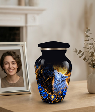 Personalized Wolf Cremation Urn for Ashes, Black and White Wolf Memorial Urn, Blue Floral Adult Urn, Custom Adult Urn